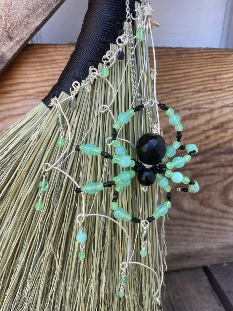 Handmade Hen Wing 15" Whisk Broom with Black Handle, Spider Web and UG Beads