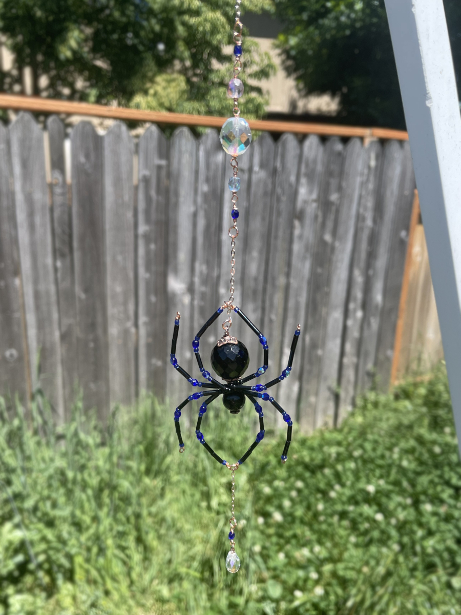 Handmade Hanging Spider Suncatcher, Black with Blue Accents, Copper - Image 3