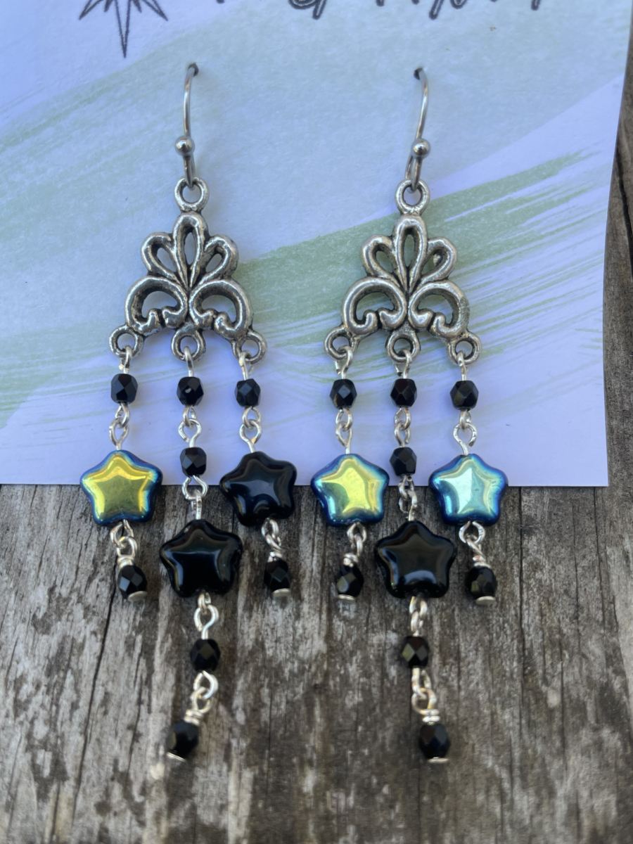 Handmade Earrings Chandelier Style, Black Glass Star Beads with Stainless Steel Fishhook Ear Wire - Image 2