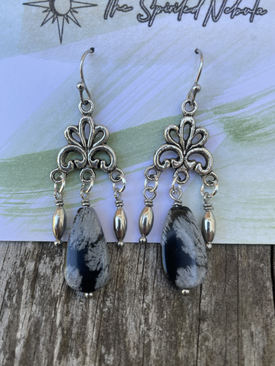 Handmade Earrings, Dangle Snowflake Obsidian Teardrop Beads with Stainless Steel Fishhook Ear Wire - Image 2