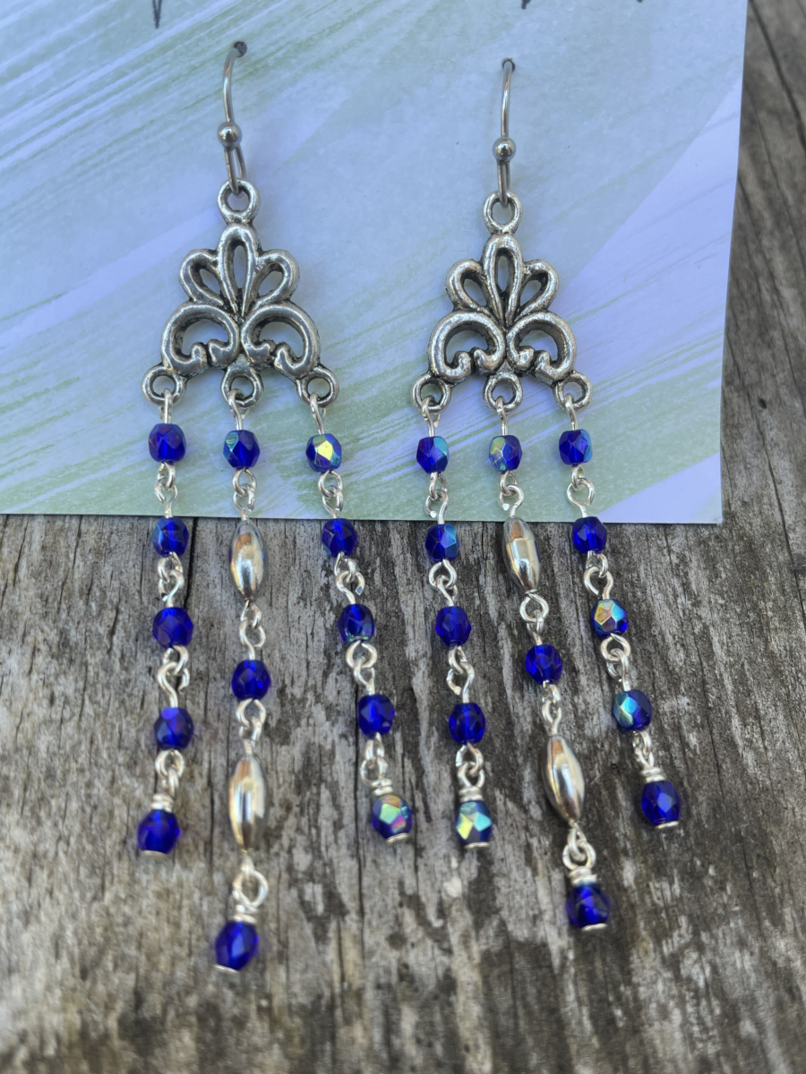 Handmade Earrings Chandelier Style, Cobalt Blue Glass Beads with Stainless Steel Fishhook Ear Wire - Image 2
