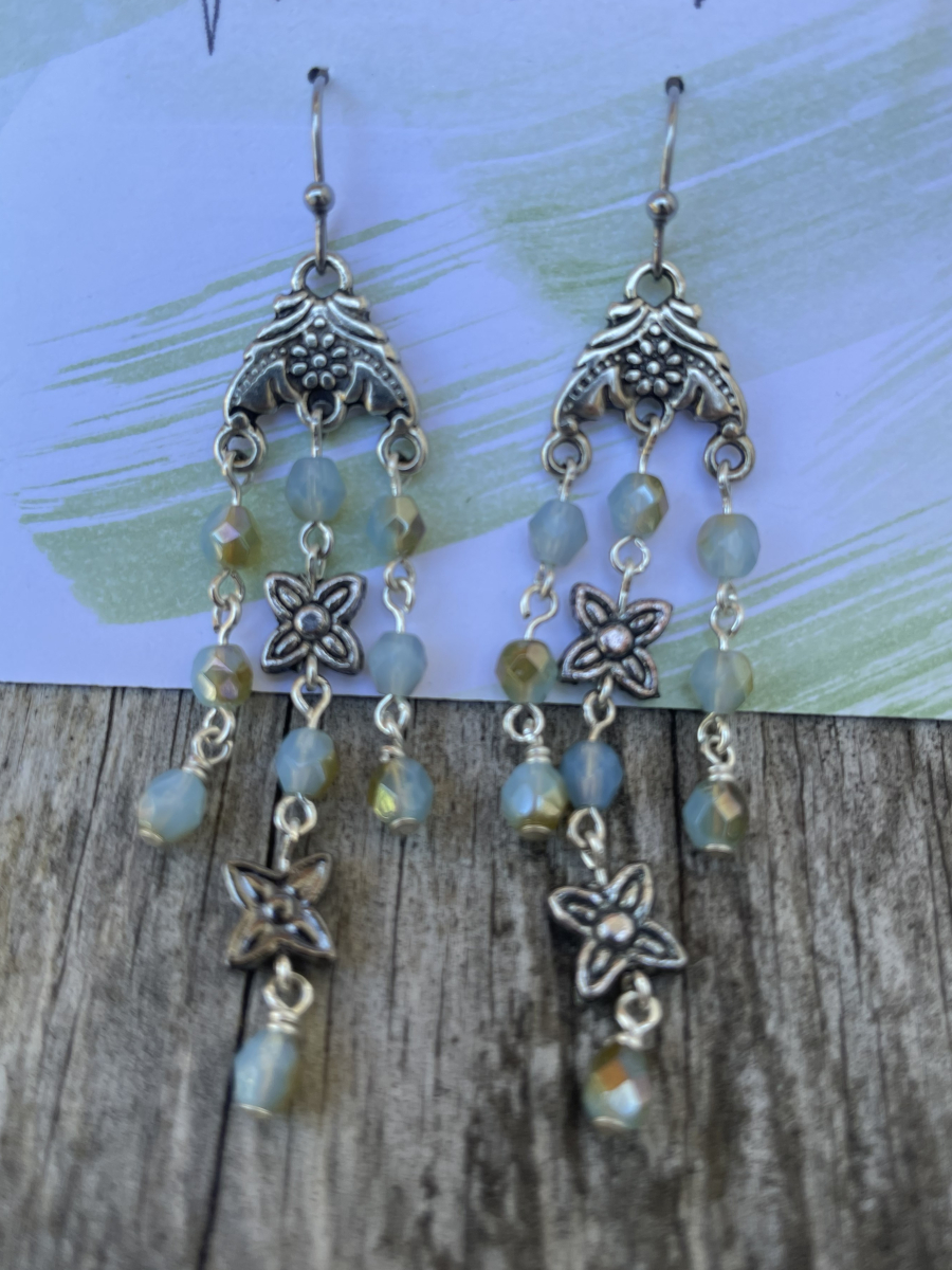 Handmade Earrings Chandelier Style, Pastel Blue Glass Beads with Stainless Steel Fishhook Ear Wire - Image 2