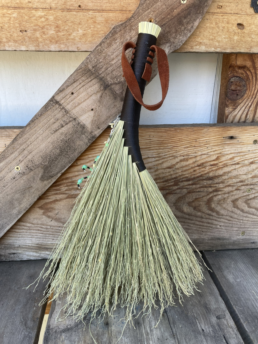 Handmade Hen Wing 15" Whisk Broom with Black Handle, Spider Web and UG Beads - Image 3