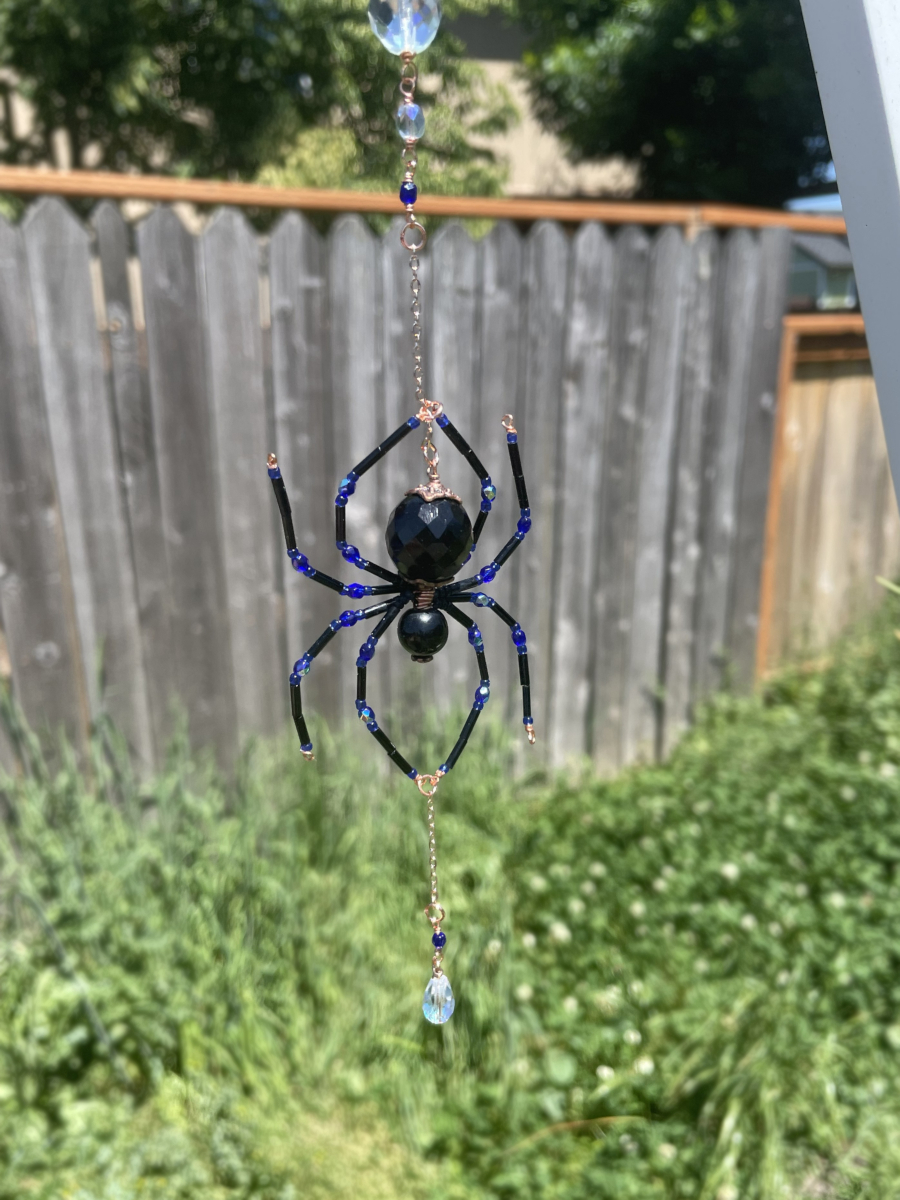 Handmade Hanging Spider Suncatcher, Black with Blue Accents, Copper - Image 4