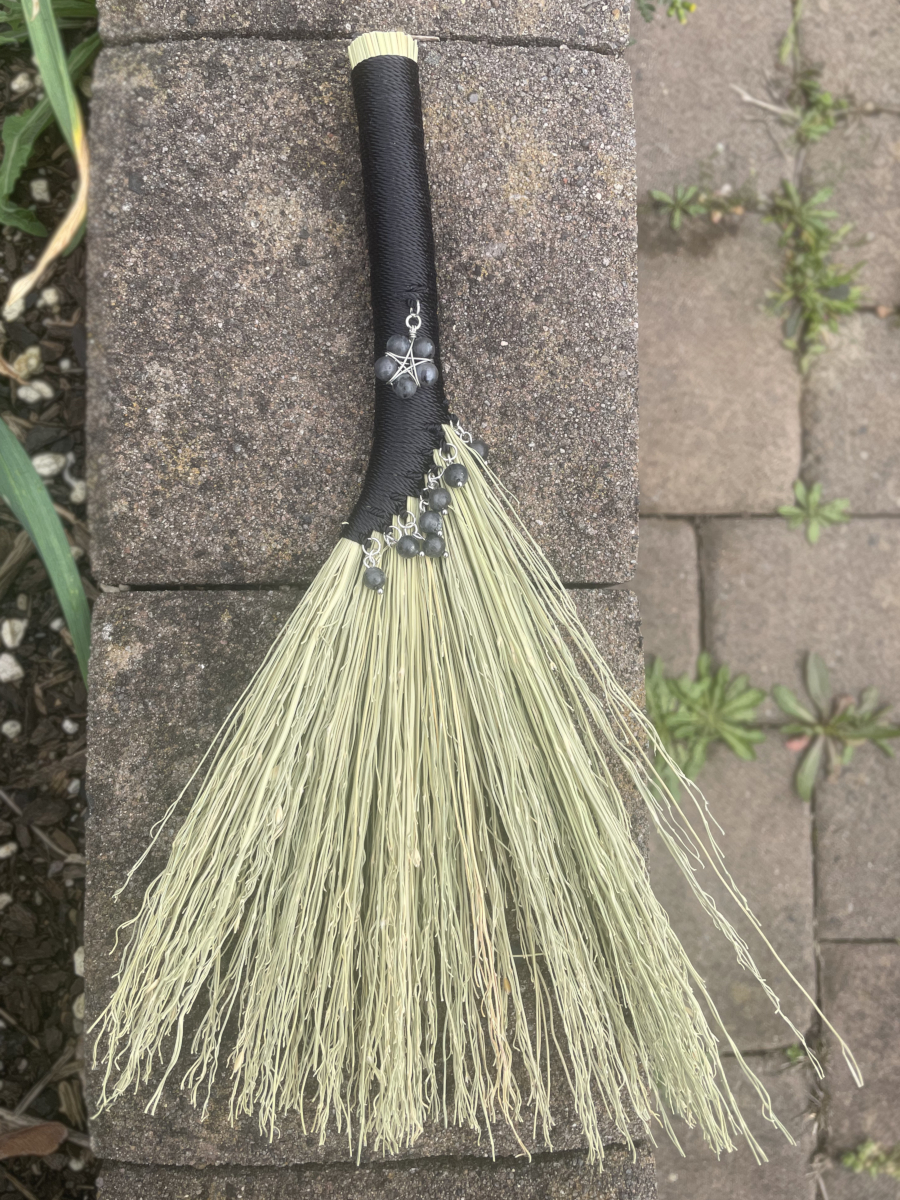 Handmade Hen Wing 11" Broom with Black Handle, Dark Labradorite Pendant with Silver Tone Accents - Image 5