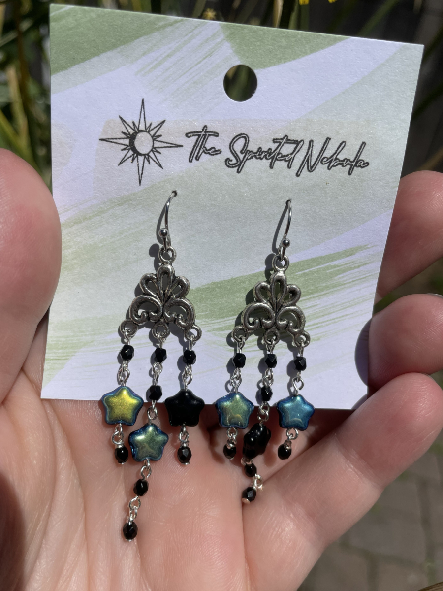 Handmade Earrings Chandelier Style, Black Glass Star Beads with Stainless Steel Fishhook Ear Wire - Image 3