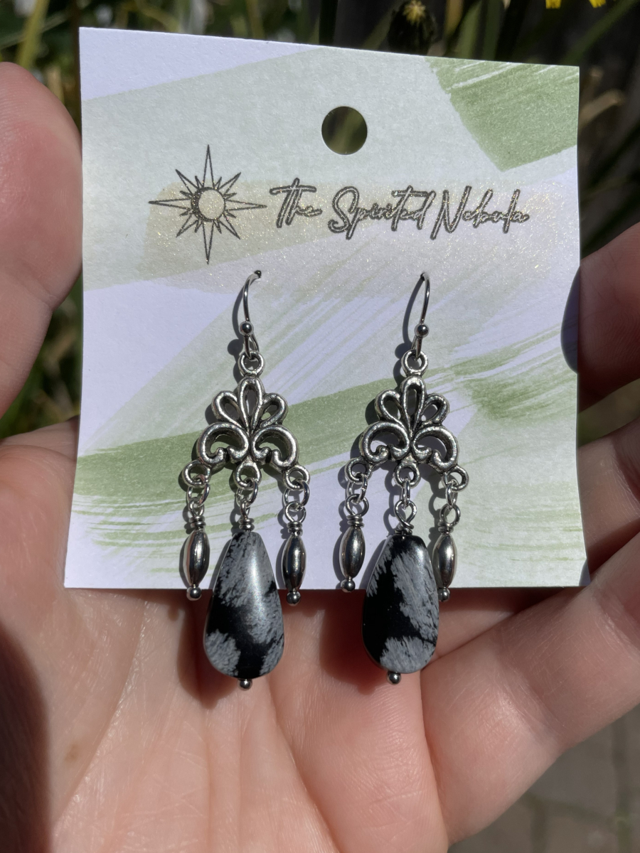 Handmade Earrings, Dangle Snowflake Obsidian Teardrop Beads with Stainless Steel Fishhook Ear Wire - Image 5