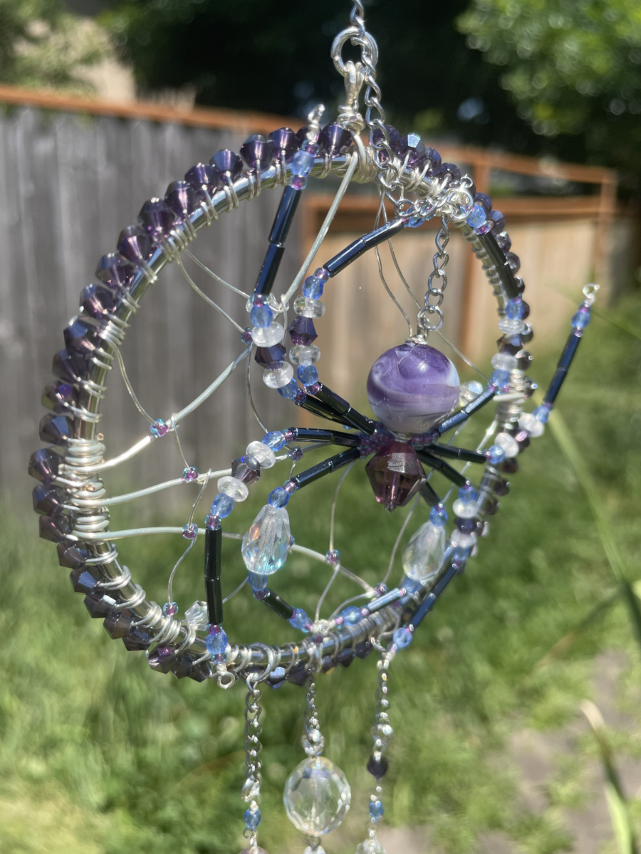 Handmade Spider on Web Suncatcher, Purple and Black Accents