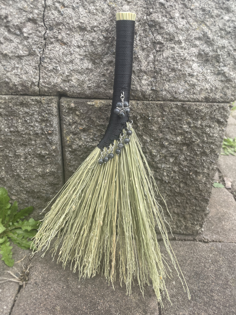 Handmade Hen Wing 11" Broom with Black Handle, Dark Labradorite Pendant with Silver Tone Accents - Image 3