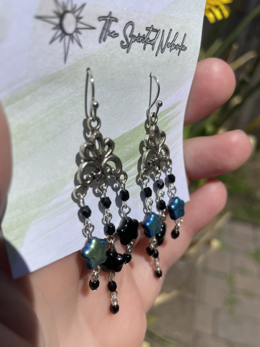 Handmade Earrings Chandelier Style, Black Glass Star Beads with Stainless Steel Fishhook Ear Wire - Image 4