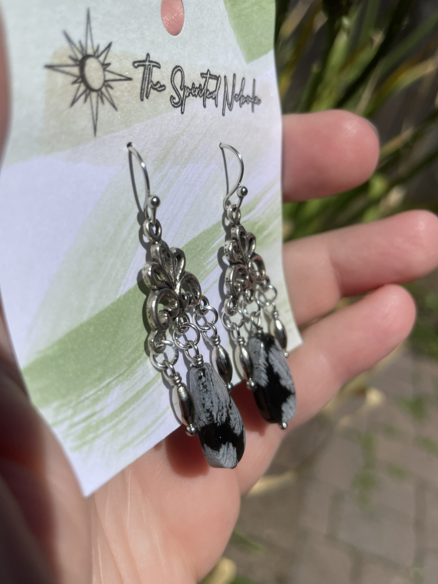 Handmade Earrings, Dangle Snowflake Obsidian Teardrop Beads with Stainless Steel Fishhook Ear Wire - Image 4