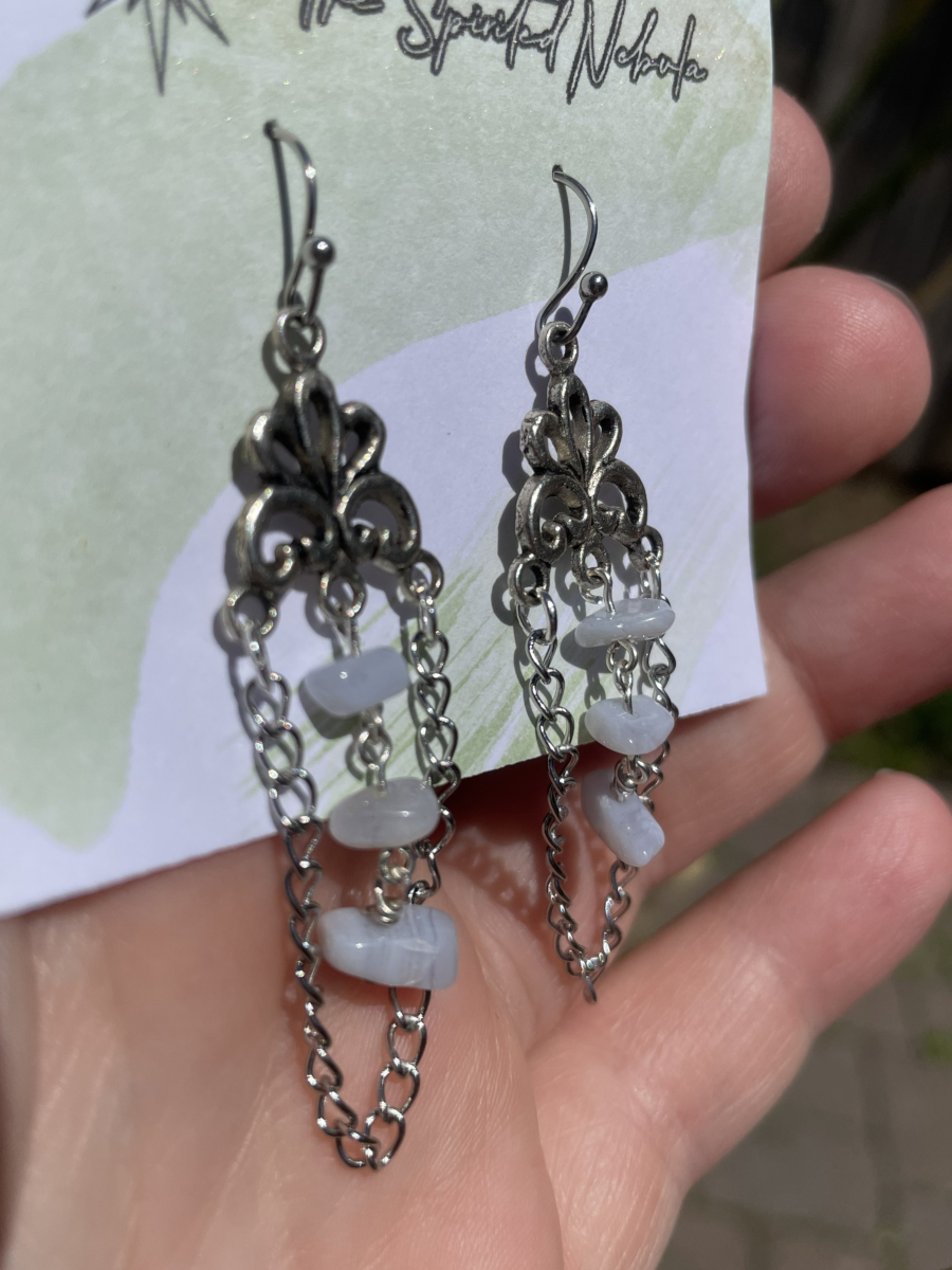 Handmade Earrings Chandelier Style, Blue Lace Agate Chips with Stainless Steel Fishhook Ear Wire - Image 4
