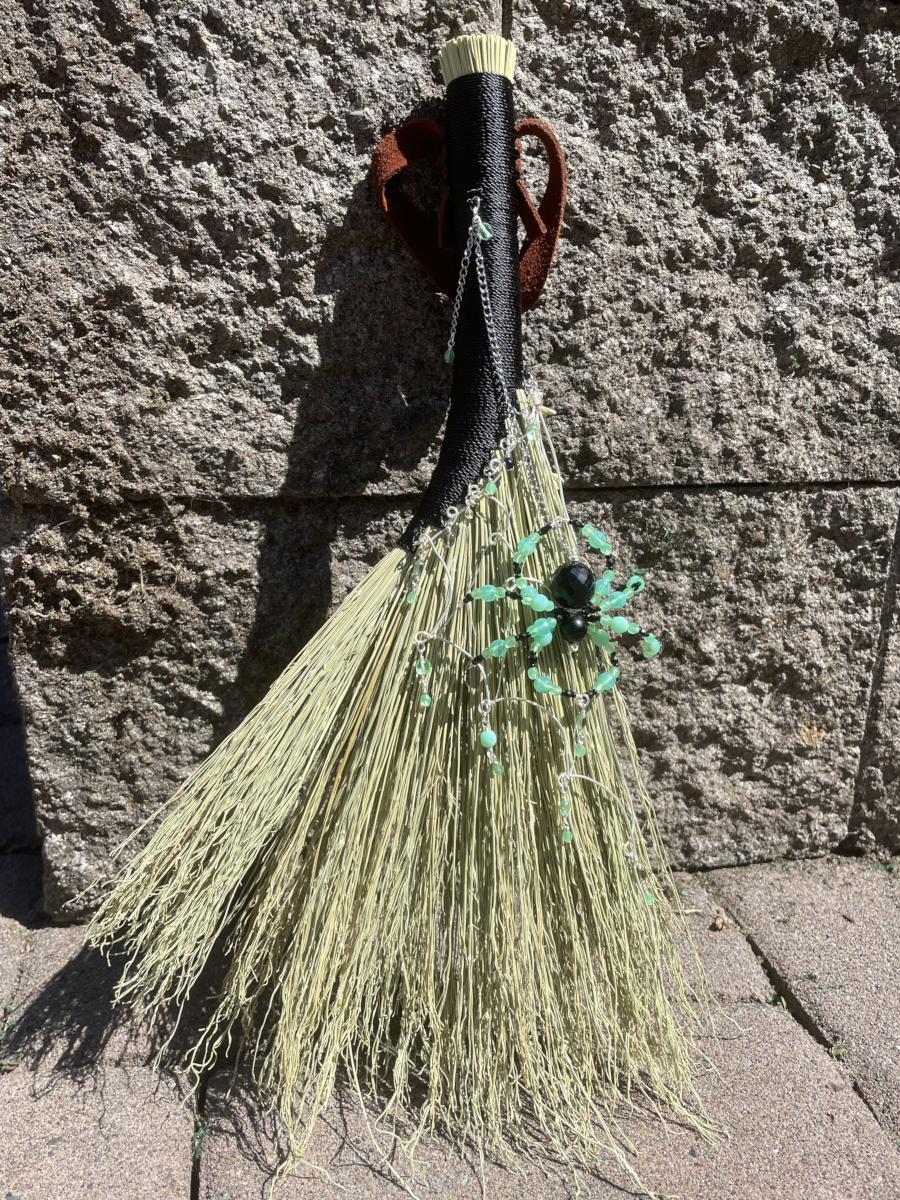 Handmade Hen Wing 15" Whisk Broom with Black Handle, Spider Web and UG Beads - Image 4