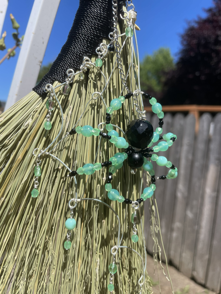 Handmade Hen Wing 15" Whisk Broom with Black Handle, Spider Web and UG Beads - Image 5