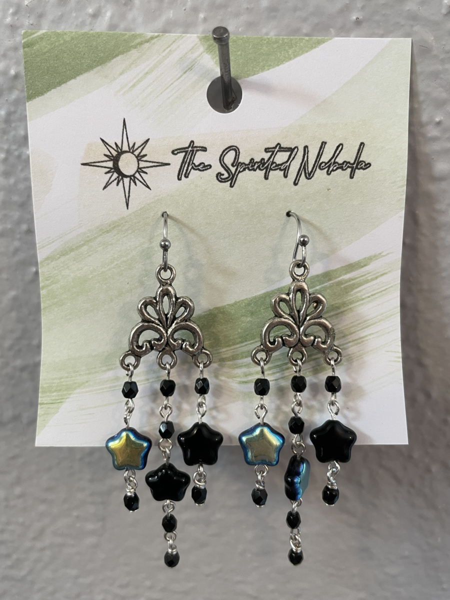 Handmade Earrings Chandelier Style, Black Glass Star Beads with Stainless Steel Fishhook Ear Wire - Image 5