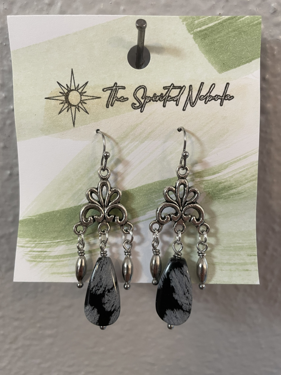 Handmade Earrings, Dangle Snowflake Obsidian Teardrop Beads with Stainless Steel Fishhook Ear Wire - Image 3
