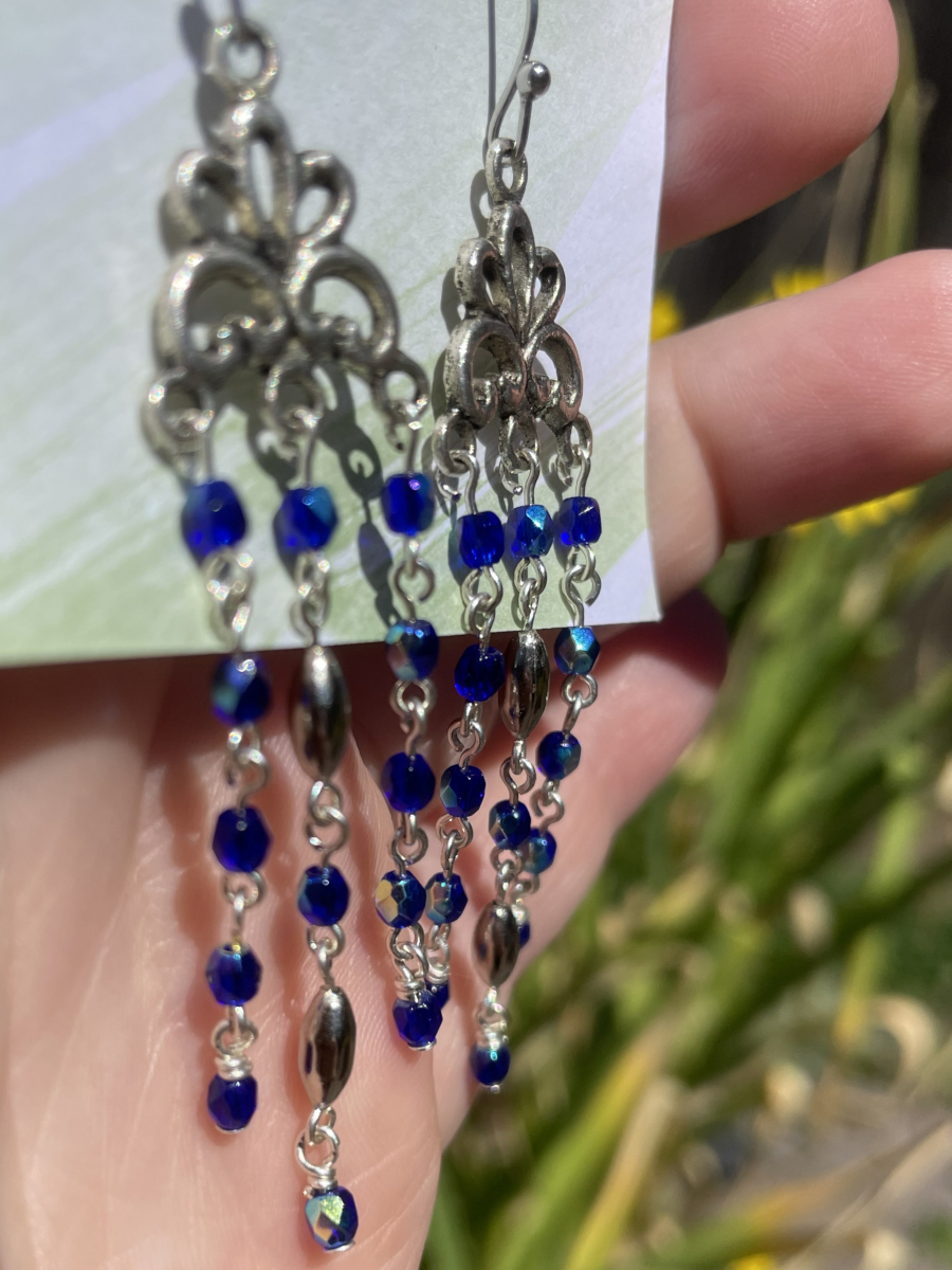 Handmade Earrings Chandelier Style, Cobalt Blue Glass Beads with Stainless Steel Fishhook Ear Wire - Image 5