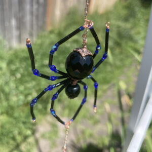 Handmade Hanging Spider Suncatcher, Black with Blue Accents, Copper