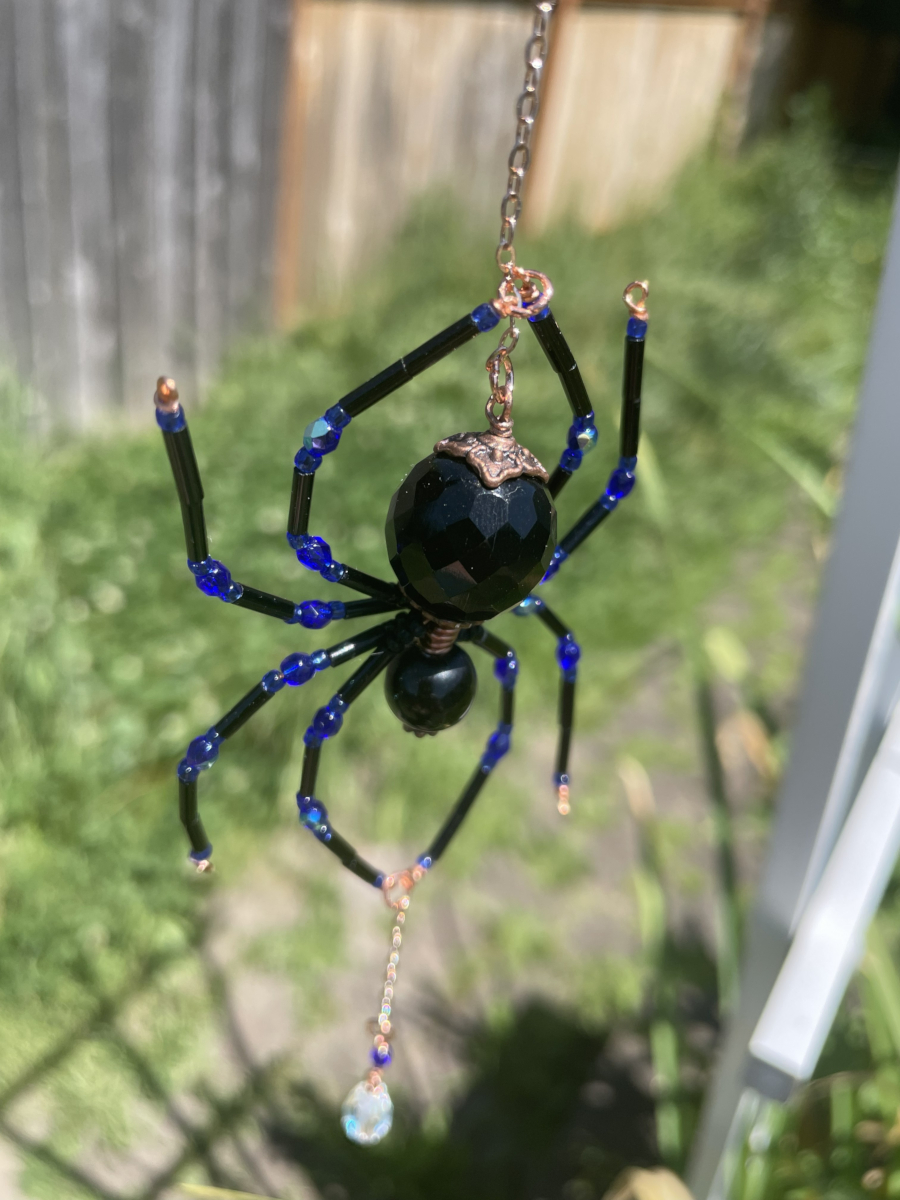 Handmade Hanging Spider Suncatcher, Black with Blue Accents, Copper