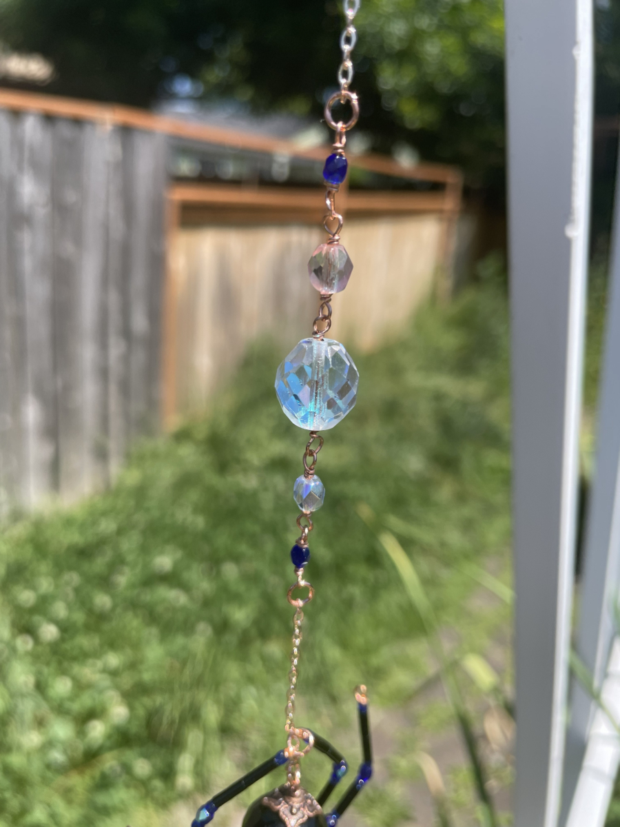 Handmade Hanging Spider Suncatcher, Black with Blue Accents, Copper - Image 5