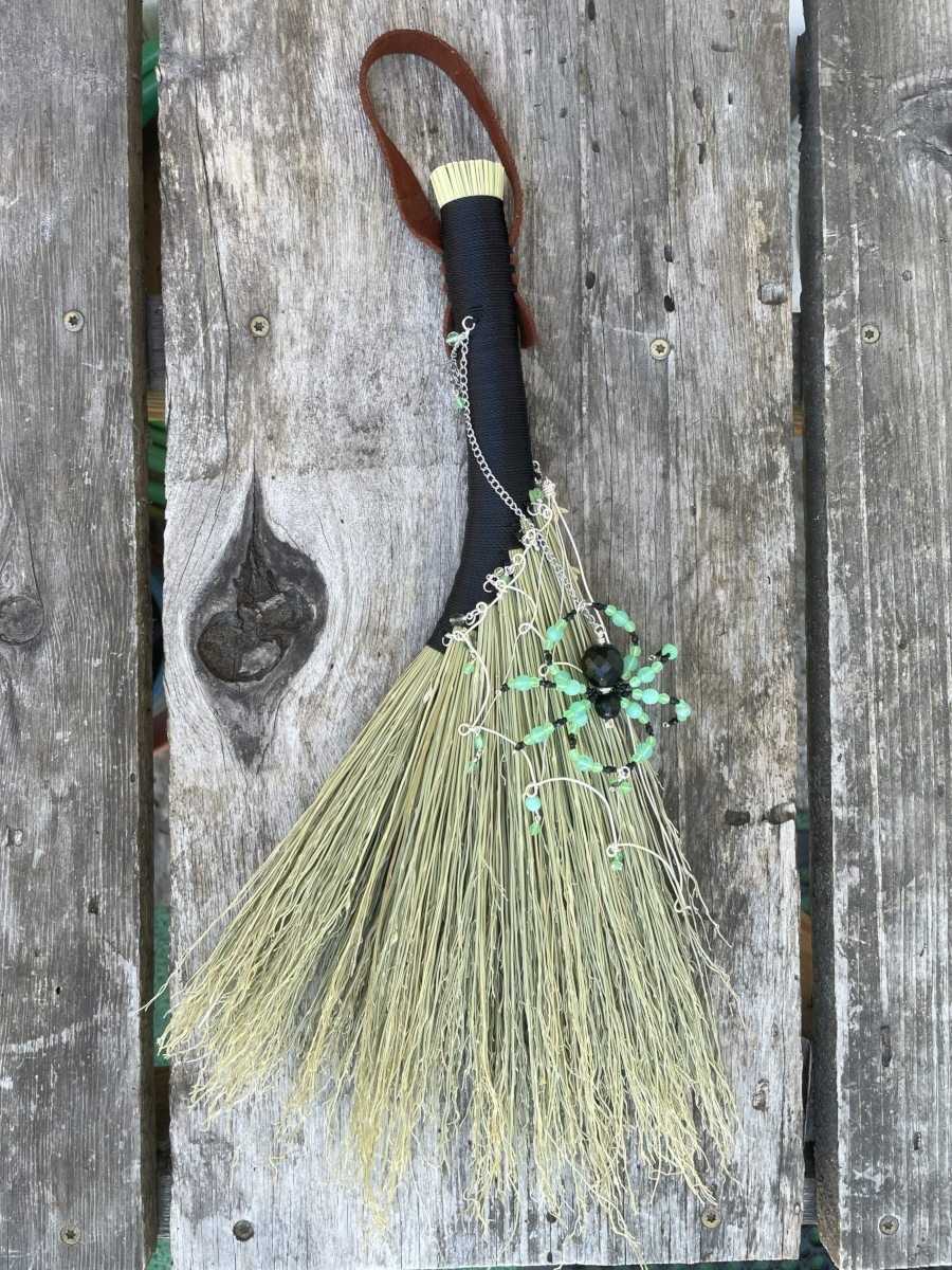 Handmade Hen Wing 15" Whisk Broom with Black Handle, Spider Web and UG Beads - Image 6