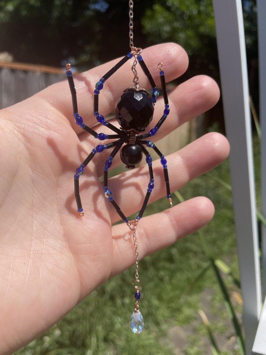 Handmade Hanging Spider Suncatcher, Black with Blue Accents, Copper - Image 6