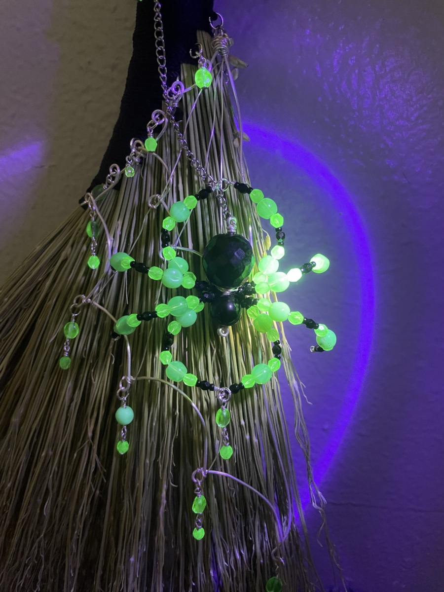 Handmade Hen Wing 15" Whisk Broom with Black Handle, Spider Web and UG Beads - Image 7