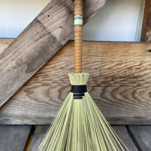Handmade Wood Bobbin Handle Broom 14", Black Cord with Gray Stripe