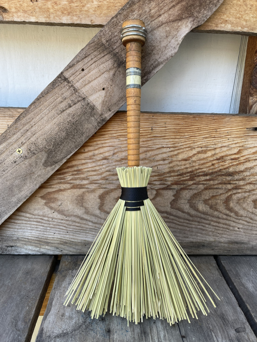 Handmade Wood Bobbin Handle Broom 14", Black Cord with Gray Stripe