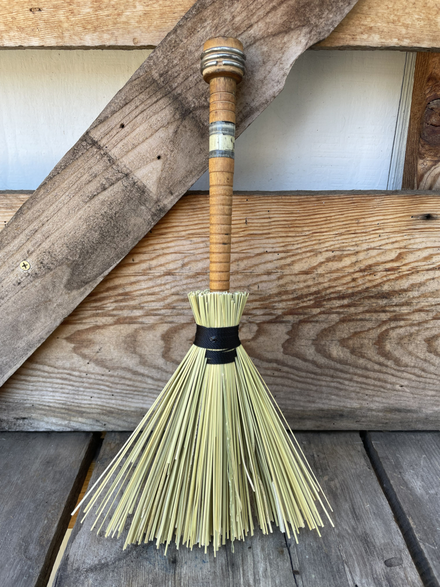 Handmade Wood Bobbin Handle Broom 14", Black Cord with Gray Stripe - Image 2