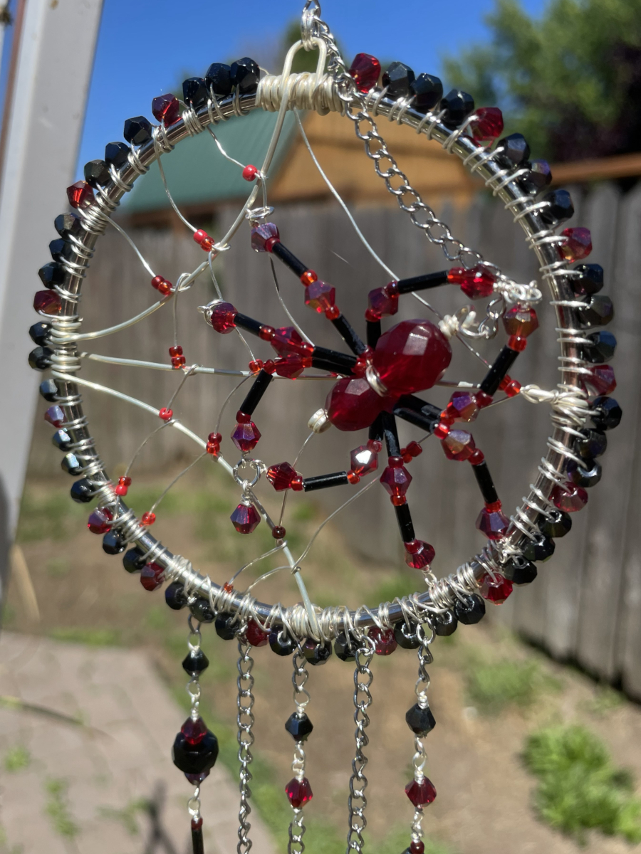 Handmade Spider on Web Suncatcher, Red and Black Accents