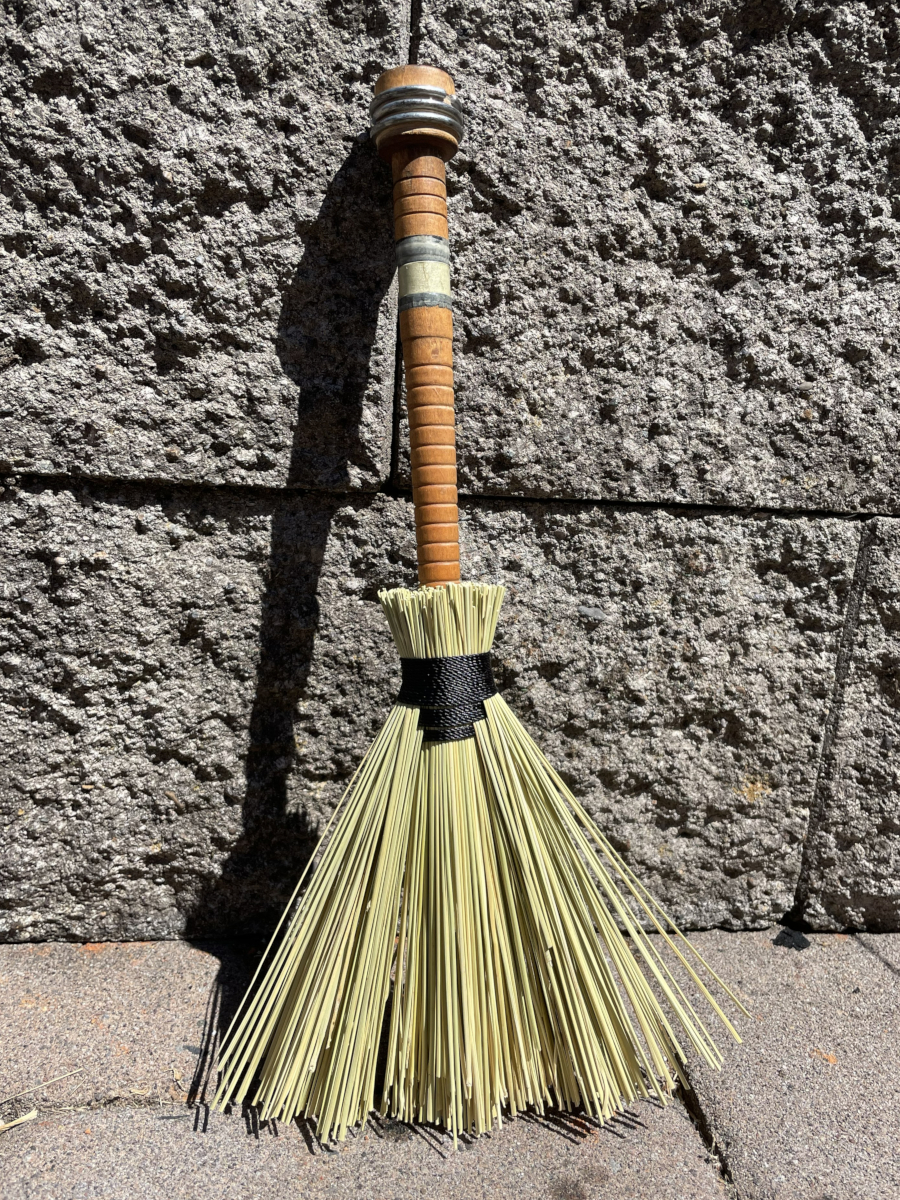 Handmade Wood Bobbin Handle Broom 14", Black Cord with Gray Stripe - Image 6