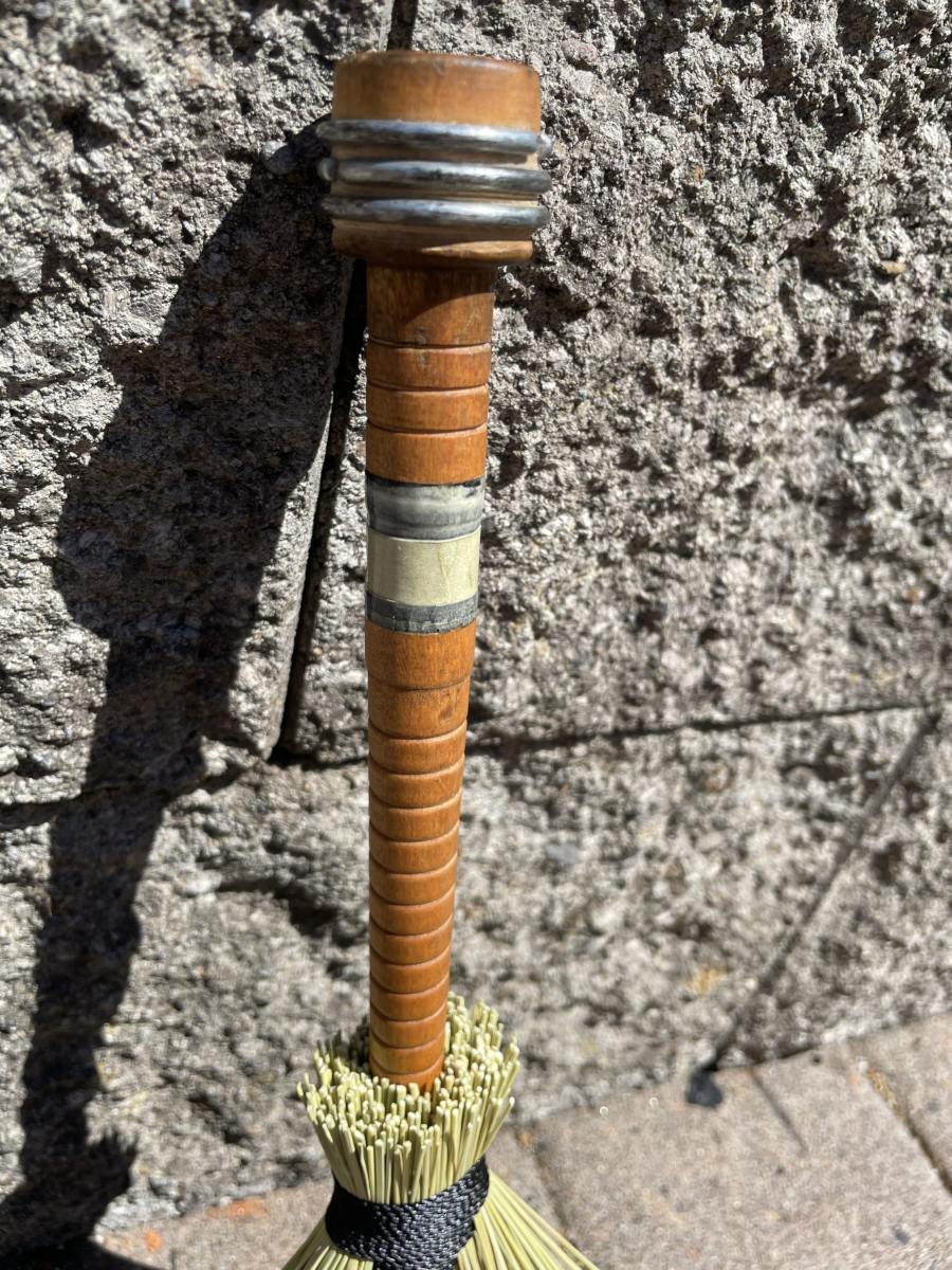 Handmade Wood Bobbin Handle Broom 14", Black Cord with Gray Stripe - Image 4