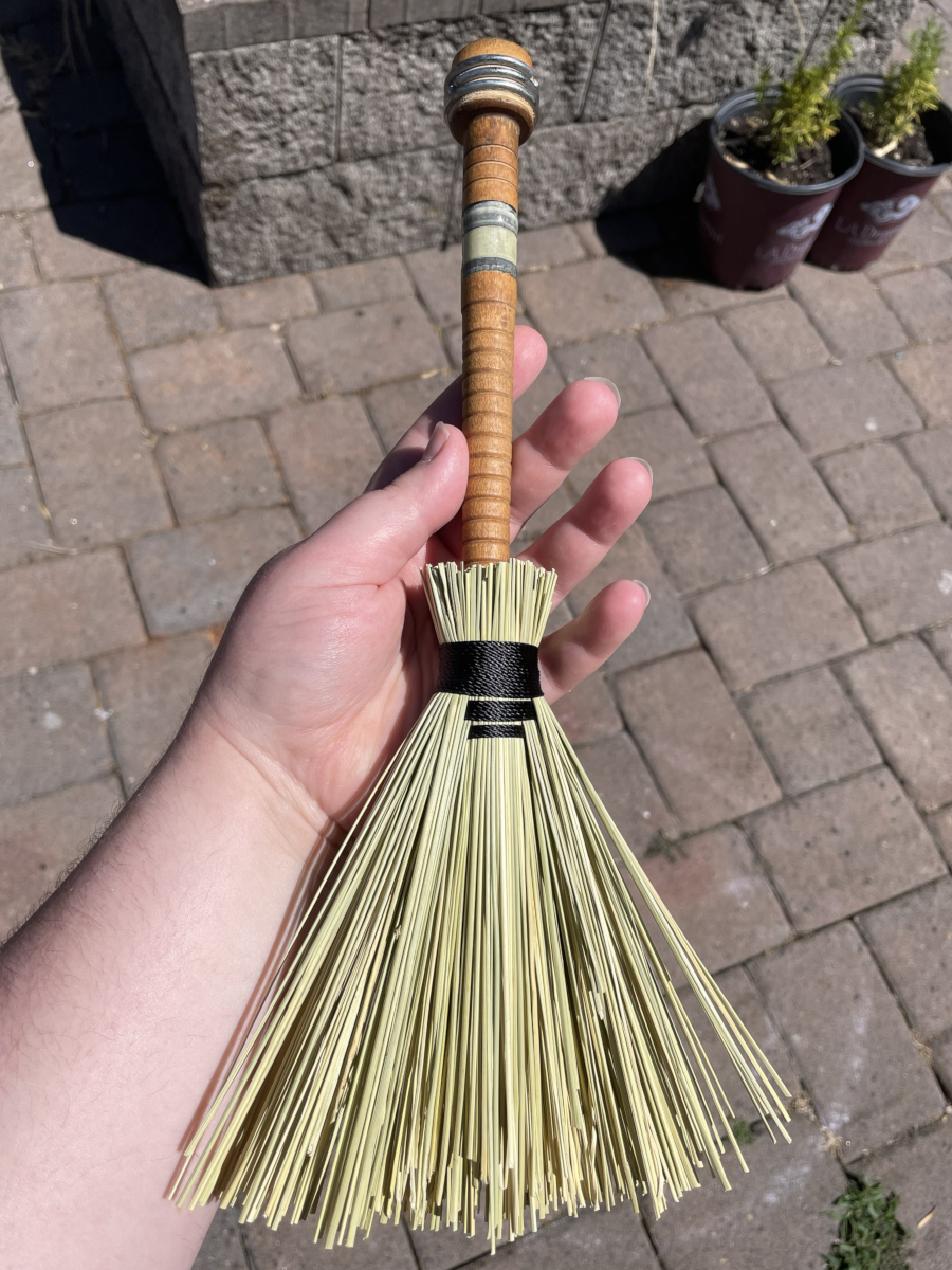 Handmade Wood Bobbin Handle Broom 14", Black Cord with Gray Stripe - Image 7