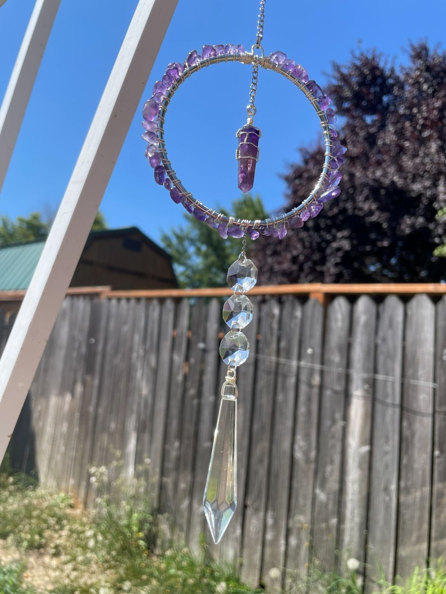 Handmade Wrapped Amethyst Sun Catcher Hoop, Silver Tone Accents - Image 3