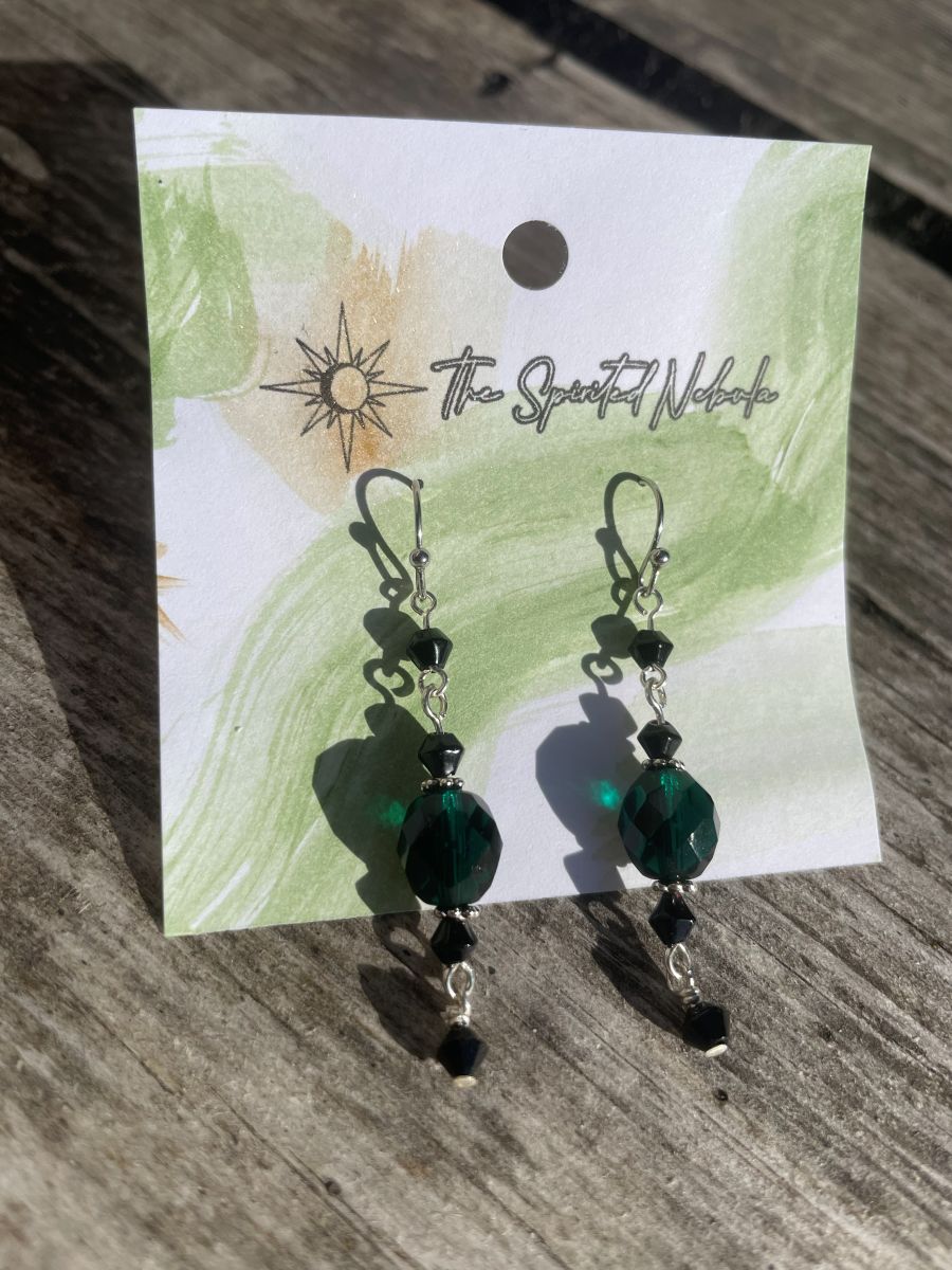 Handmade Earrings, Dangle Green and Black Glass Beads, with Stainless Steel Fishhook Ear Wire