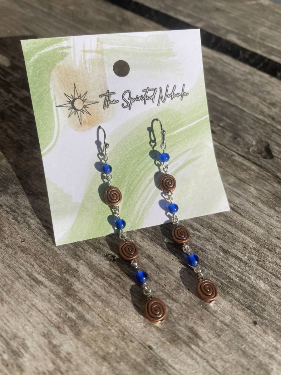 Handmade Earrings, Dangle Blue Glass Beads and Copper Swirl, with Stainless Steel Fishhook Ear Wire - Image 2