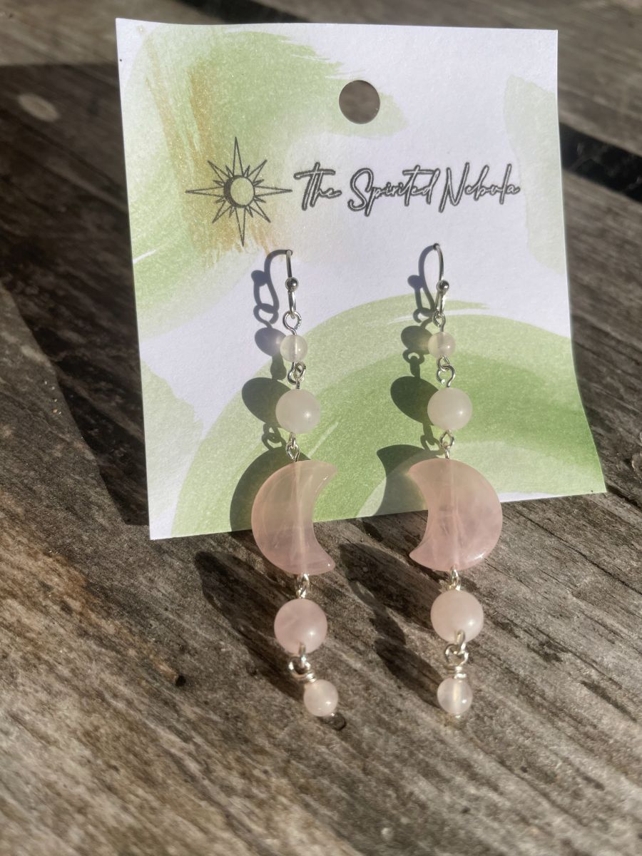 Handmade Earrings, Dangle Rose Quartz Moon Shaped Beads, with Stainless Steel Fishhook Ear Wire - Image 2