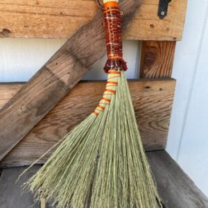 Handmade Turkey Wing 18" Broom with Brown Woven Handle, Braided Leather Hanging Loop