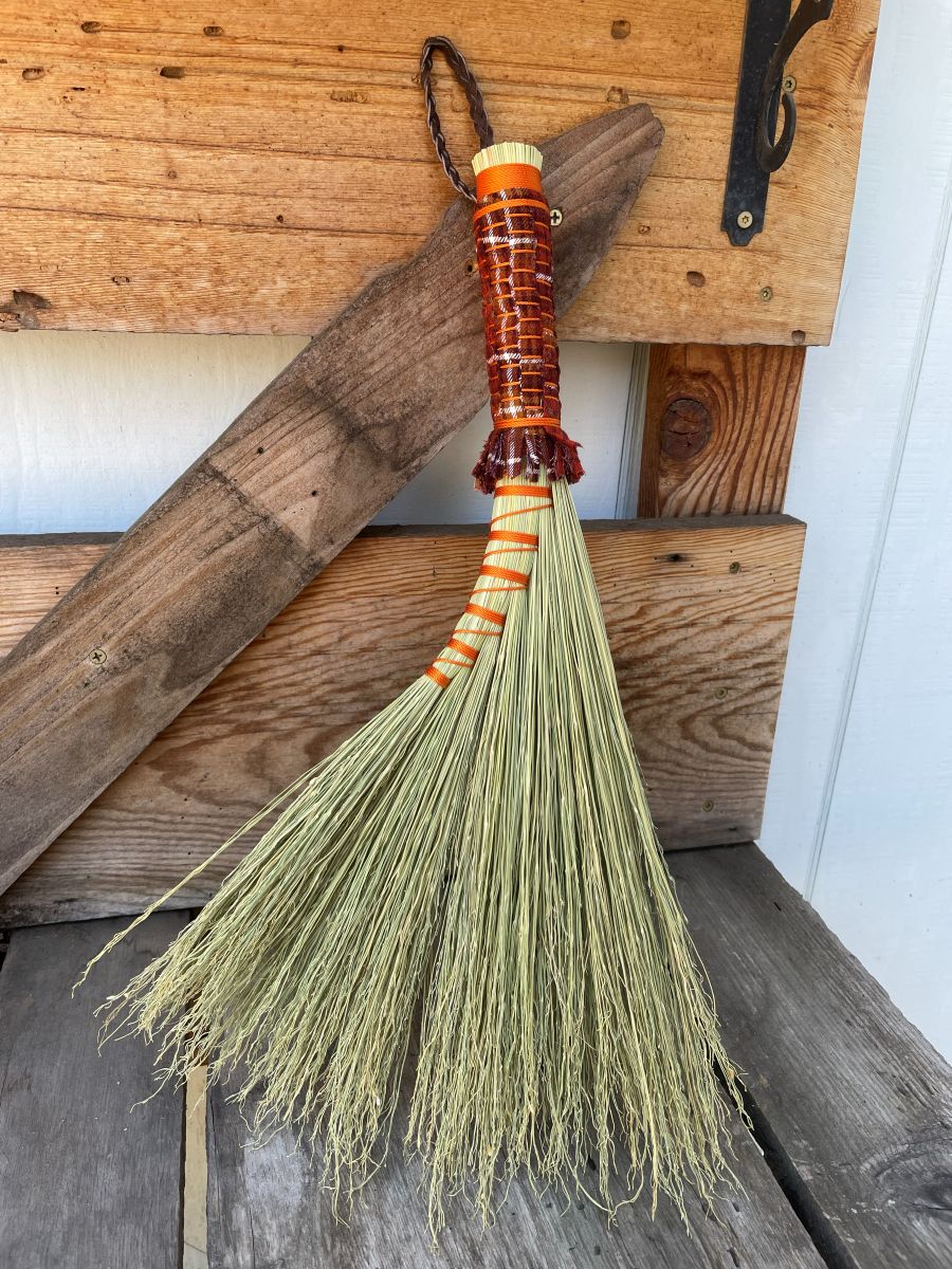 Handmade Turkey Wing 18" Broom with Brown Woven Handle, Braided Leather Hanging Loop