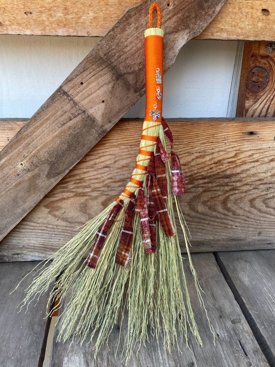 Handmade Turkey Wing 14" Broom with Orange Handle, Fall Charms, Braided Hanging Loop - Image 2