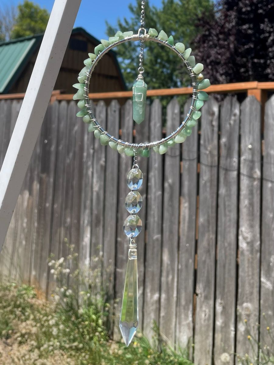 Handmade Wrapped Aventurine Sun Catcher Hoop, Silver Tone Accents - Image 3