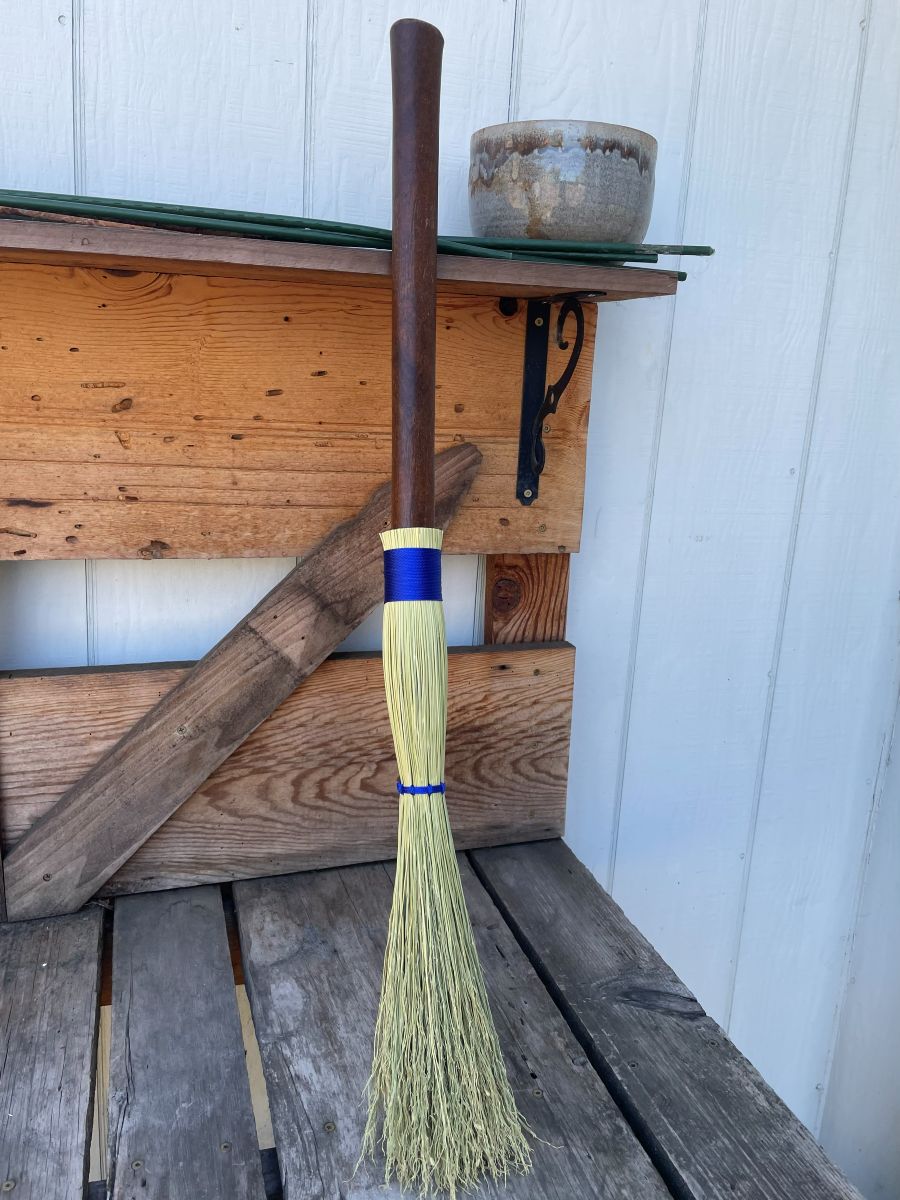 Handmade Cobwebber Broom with Dark Wooden Axe Handle, Blue Cord