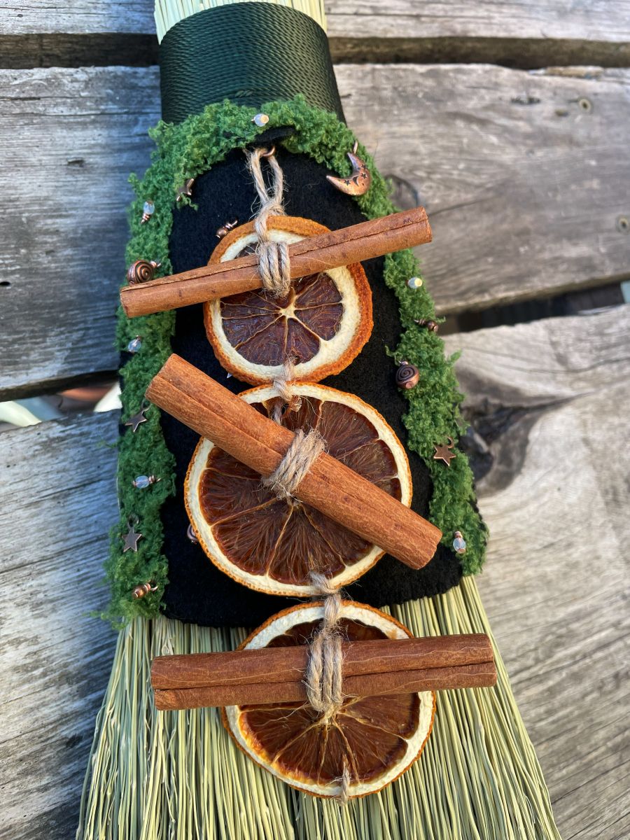Handmade Decorative Sweeper Broom with Natural Wooden Axe Handle, Forest Green Cord - Image 4