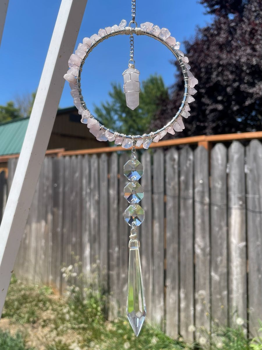 Handmade Wrapped Rose Quartz Sun Catcher Hoop, Silver Tone Accents - Image 3