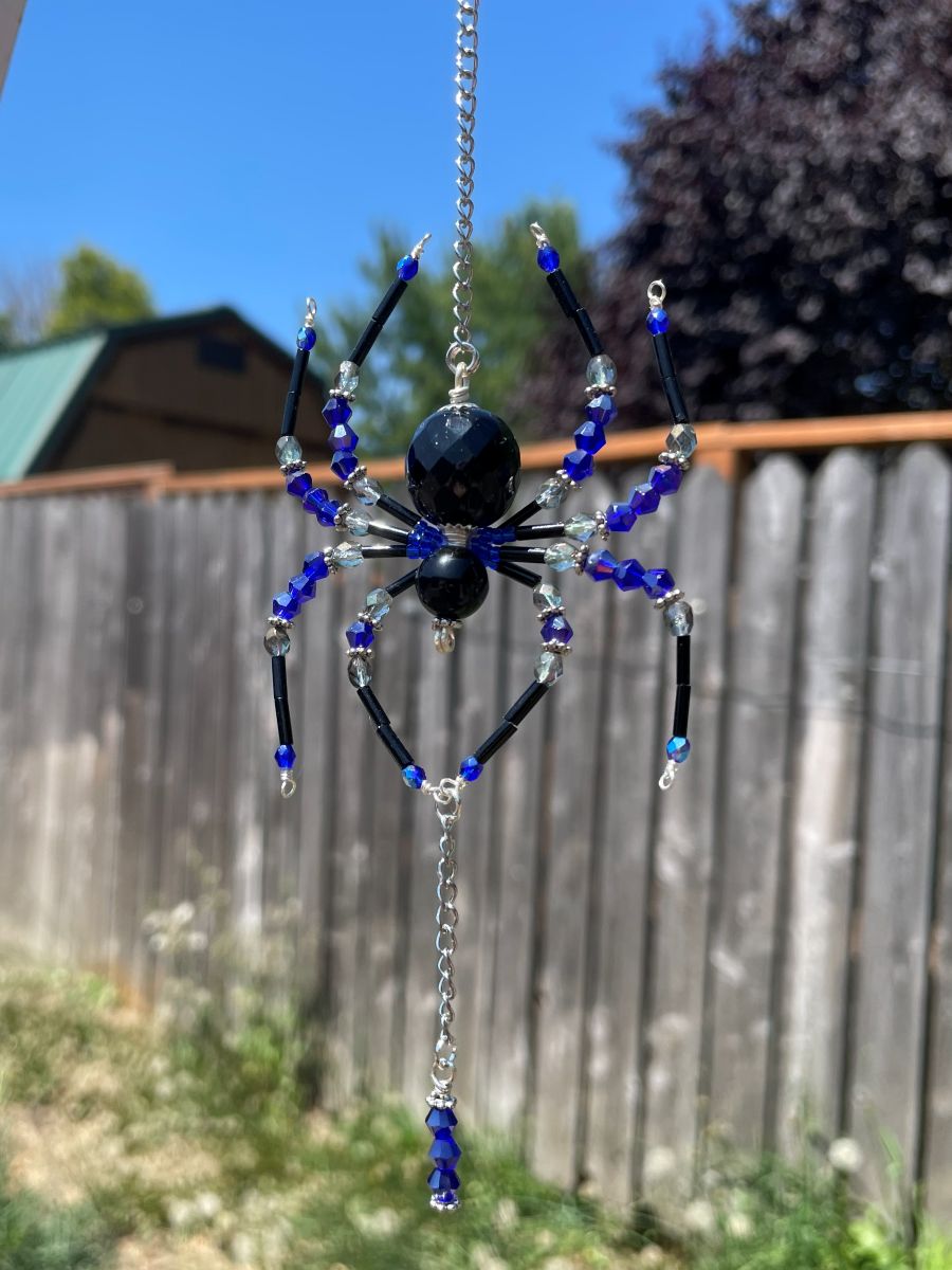 Handmade Hanging Spider Sun Catcher, Black with Blue / Gray Accents, Silver Tone - Image 5