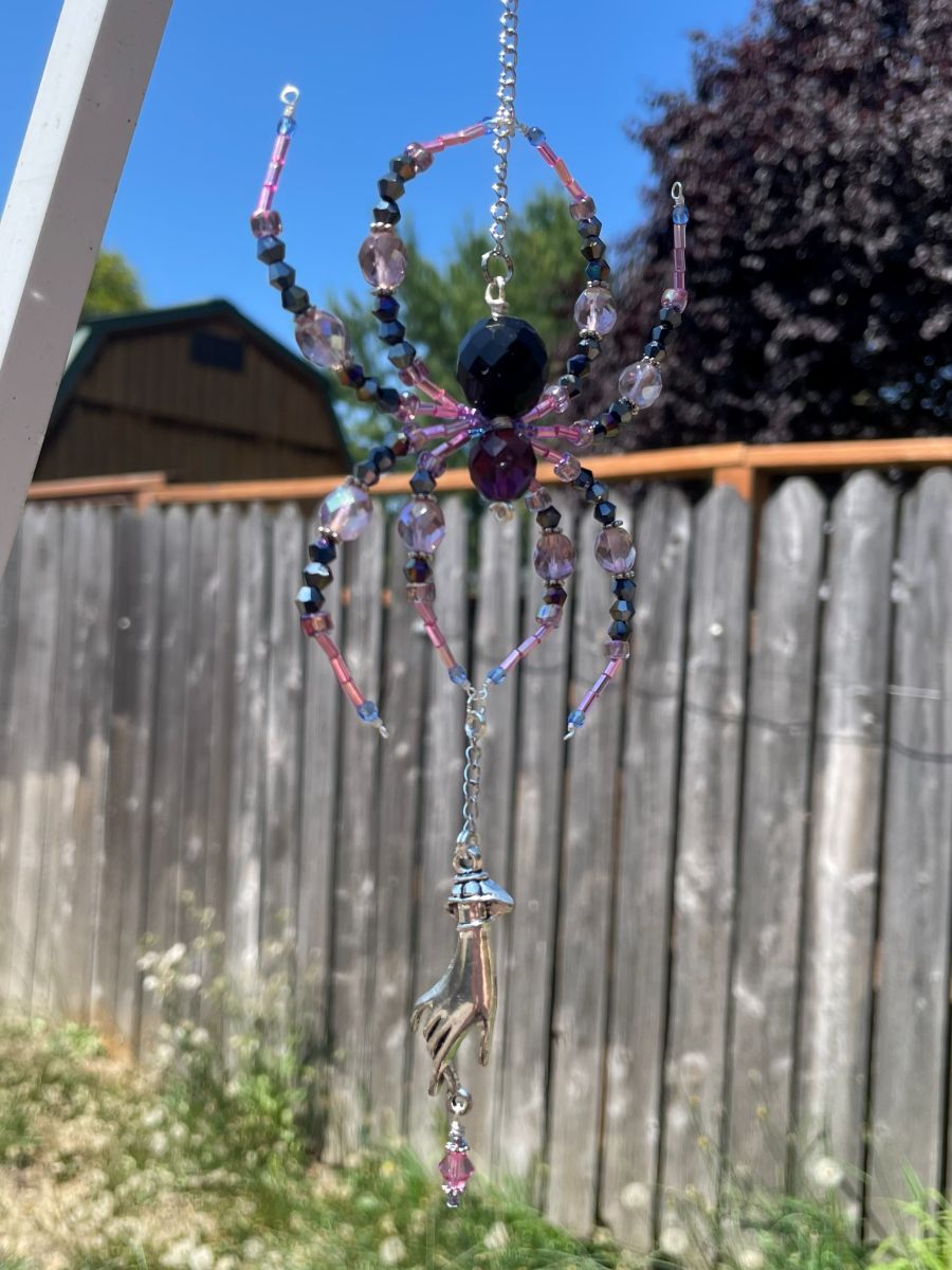 Handmade Hanging Spider Sun Catcher, Pink with Black Accents, Hand Charm - Image 4