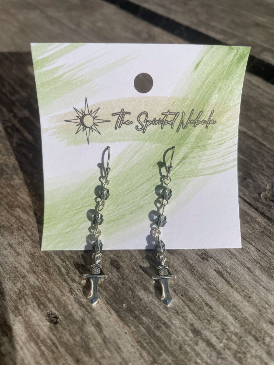 Handmade Earrings, Dangle Gray Glass Beads and Dagger Charm, with Stainless Steel Fishhook Ear Wire - Image 2
