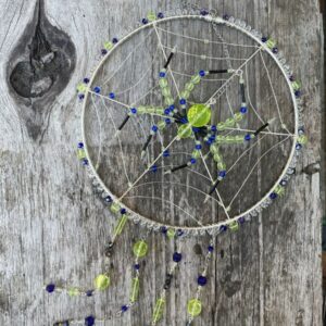 Handmade Spider on Web Sun Catcher, Uranium Glass with Blue Accents