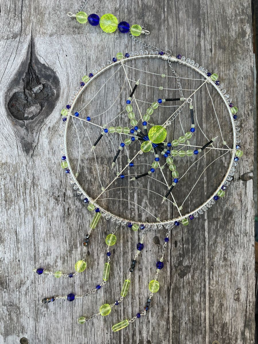Handmade Spider on Web Sun Catcher, Uranium Glass with Blue Accents